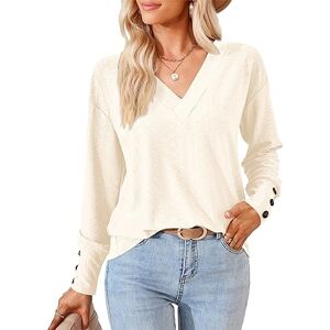 Beluring Womens T-Shirts Casual Long Sleeve Tops Soft V Neck Shirts, Beige 2XL