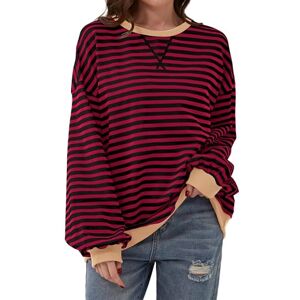 TERIVEEK Women Oversized Striped Color Block Long Sleeve Crew Neck Sweatshirt Casual Loose Pullover Y2K Shirt Top, Burgundy, XL