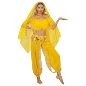 Hedmy Womens Sparkling Belly Dance Christmas Dancewear Costume Crop Top Bra Top with Bloomers Chiffon Dancing Skirt Yellow One Size