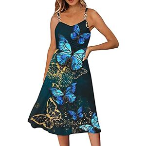 Summer Dresses for Women Printing Sleeveless V Neck Spaghetti Strap A Line 2023 Fashion Sundresses Casual Dress Women Long Dress Formal Skirts for Women UK Knee Length A-Blue