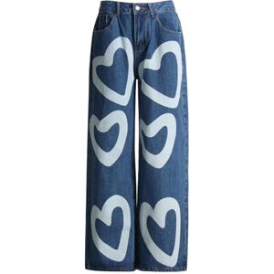 CFHFKPWMQ Womens Trendy Summer Trousers Straight Wide Leg Jeans Y2K Vintage Heart Print Baggy Pants,Blue,XL