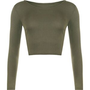 New Womens Crop Long Sleeve T Shirt Ladies Short Plain Round Neck Top UK 8-14 (S/M (8-10 UK), Khaki)