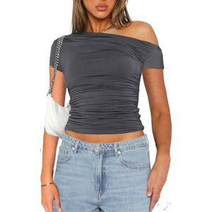 Yileegoo Women's Y2K Slim Fit Crop Tops Casual Solid Color Off Shoulder Crew Neck Long Sleeve Tight T-Shirt Basic Blouse Tee Tops (A11 Dark Grey, M)