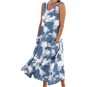 TURWXGSO Summer Dress for Women Flowy Cotton Linen Dress Summer Beach Casual Loose Sleeveless Crewneck Baggy Long Dress with Pockets