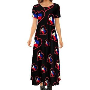Songting I Love Philippines Red Heart Women's Summer Casual Short Sleeve Maxi Dress Crew Neck Printed Long Dresses XS