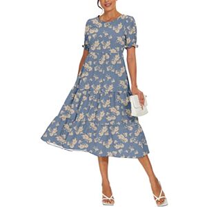 YUNDAI Women's Summer Casual Maxi Boho Dress Floral Print Ruffle Puff Sleeve High Waist Modest Long Dresses, Medium Floral Blue