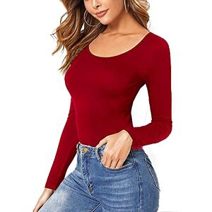 STAR FASHION Women Ladies Long Sleeve Round Neck Plain Top Stretchy Casual T Shirts Basic Slim fit Tee Tops UK Size 12-14 - Red