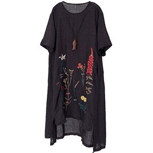 FTCayanz Women's Summer A-Line Embroidered Linen Dress Hi Low Long Tunic Black Large