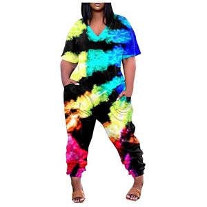HAOLEI Tie Dye Jumpsuit for Women UK Plus Size 22-24 Oversized Jumpsuits Clearance Casual V Neck Short Sleeve Playsuit Rainbow Gradient Graphic Jumpsuits Onesies Rompers Harem Trousers with Pockets