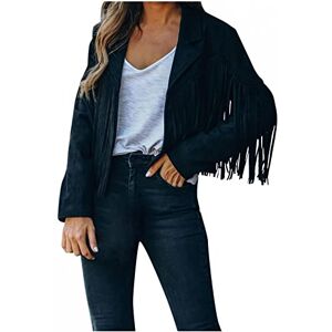 Buetory Womens Vintage Tassel Cropped Motor Biker Faux Suede Jackets Long Sleeve Hippie Boho Western Cowgirl Fringe Coat Outwear(Black, Medium)