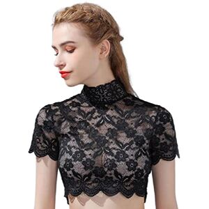 KLOVA Women Autumn Spring Turtleneck Detachable Collar Elegant Floral Lace Short Sleeve Half Blouse Shirt Pullover Lining Dickey Crop Top Decorative Underwear Black