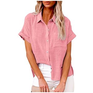 Womens Tops Shirt Plus Size Blouse Summer Casual Cotton Linen Short Sleeve T Shirt Loose Fit Button Down Lapel Solid Tees Oversize Tunic Elegant Tops for Ladies UK Size 22 Pink