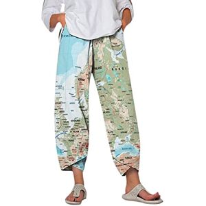 PRiME Mrat Linen Trousers Womens Summer Cropped Trousers Elasticated Waist Trousers Map Print Palazzo Trousers Retro Literary Capri Pants Roman Walking Trousers Beach Trousers for All Seasons Sale Green XL