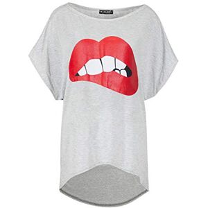 Be Jealous Fashion Star Womens Lips Lagenlook Batwing Round Neck Oversized Baggy High Low Tee Top Lips Grey S/M (UK 8/10)