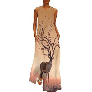 Songting Dry Tree Like Red Deer Stag Women's Ankle Length Dress Slim Fit Sleeveless Maxi Dresses Casual Sundress 2XL