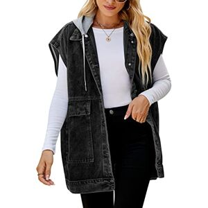 FEOYA Women's Oversized Denim Gilet Distressed Baggy Hooded Denim Waistcoat Button Down Sleeveless Jean Jacket Cotton Loose Fit Lapel Vest with Hood Pockets Turn Down Collar Spring Autumn 02 Black L