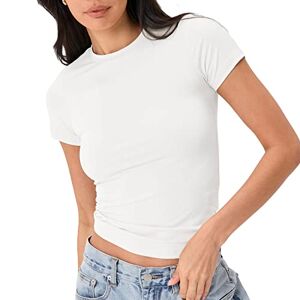 Yileegoo Women's Slim Fit Crop Tops Casual Solid Color Crew Neck Long Sleeve Tight T-Shirt Basic Blouse Tee Tops (X2-Short Sleeve White, M)