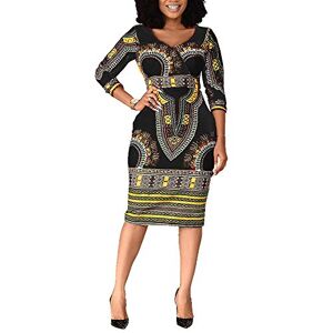 VERWIN Mid-Calf V Neck Three Quarter Sleeve Print Women's Bodycon Dress African Midi Dress (Large, Black)