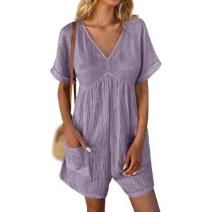 Semets Womens Short Sleeve Rompers Linen Textured V Neck Jumpsuit Summer Casual Loose Vacation Beach Outfits with Pockets (Purple,L)