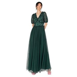 Maya Deluxe Women's Maxi Dress Ladies V-Neck Short Sleeve Sequin Embellished Tulle Ruffle for Wedding Guest Bridesmaid Ball Gown, Emerald Green, 12