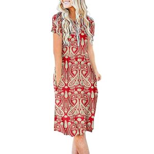 AUSELILY Summer Dress for Women Knee Length Dress Short Sleeve Causul Dresses with Pockets Pleated Empire Dress Flare Swing T-Shirt Dresses (New Paisley Red, L)