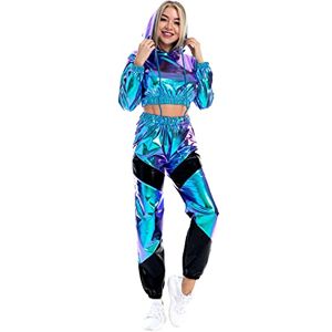 IWEMEK Women Metallic Shiny Holographic Sweatsuit Rave Outfits Faxu Leather Crop Top Hoodie Sweatshirt Sweatpants High Waist Jogger Pants Casual Hip Hop Disco Dance Party Clubwear Leser Blue XXL