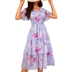 VIDUSSA Women's V Neck Floral Summer Dress Casual Short Sleeve Ruffle Tiered Layered Chiffon Flowy Swing Long Midi Dresses Floral Blue L