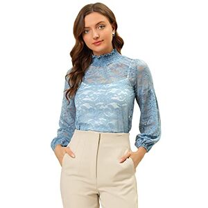 Allegra K Women's St. Patrick's Day Lace Long Sleeve Tops Ruffle Neck Elegant Floral Blouses Grey Blue S-8
