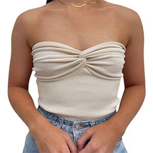 FeMereina Women Strapless Knitted Crop Top Sleeveless Backless Off Shoulde Bodycon Bandeau Top Twist Front Knit Tube Top (Apricot, Small)