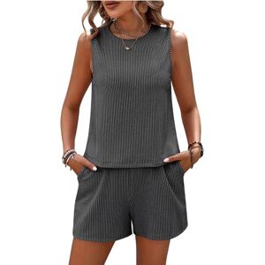 LCDIUDIU Womens 2 Piece Summer Outfits Co Ord Shorts Set, Pink Sleeveless Crew Neck Stripe Cropped Vest Elastic Waist Shorts Outfit Casual Beach Travel Lounge Wear Sets Grey Xl