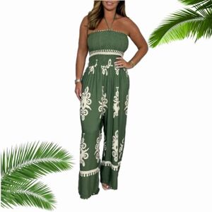 WINDEHAO Spring 2024 Tube Top Suspender Jumpsuit Irregular Printing Tube Top Suspender Jumpsuit Women's Sleeveless High Waist Loose Rompers (Green,L)