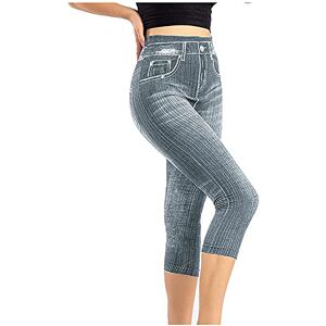 Generic Women Cropped Jeggings Ladies Stretchy Imitation Jeans Summer High Waist 3/4 Length Pull On Cut Off Leggings Grey