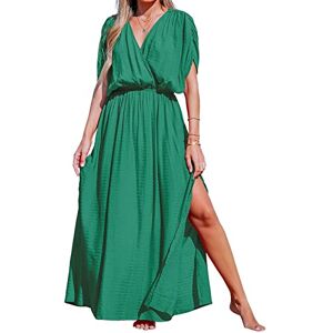 CUPSHE Women Maxi Dress Loose V Neck Allyssa Surplice Ruched Dress Short Sleeve Elastic Waist Side Slit Formal A-Line Beach Casual Dress Green XL