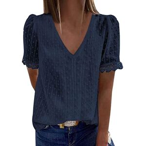 Achlibe Women Broderie Anglaise Tunic Tops Casual Short Sleeve V Neck Plain Lace Elegant Office Work Shirt Blouse (B-Navy Blue, S)