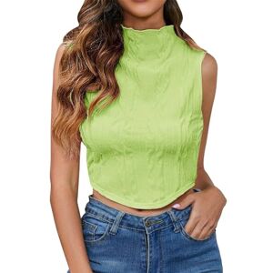 CUTeFiorino 5 No Shipping Cost Women's T-Shirt Top Pleated Solid Color Mid-Rise Neck Sleeveless Waist Blue Top, Green, XL