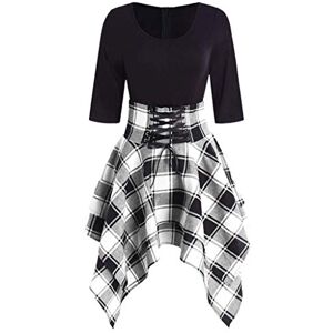 LRWEY Fashion Women Casual O-Neck Lace Up Tartan Plaid Print Asymmetrical Mini Dress Women V-Neck A-Line Fit Flare Swing Party Skirt Gray