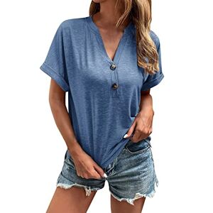 Hzmm Sports T Shirt for Women Elegant Basic Tee Shirt Fashion Female Button Neck Short Sleeve Summer Tops Casual Simple Solid Tshirt Women Streetwear Clothes Blue