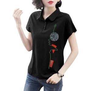 XYMJT T Shirts For Women Summer Women's Fashionable Printed T-shirt Lapel Cotton T-shirt Casual Short-sleeved Loose Pullover Top-black-l