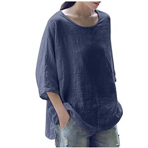 Yolimok Summer Tops for Women UK Sale 3/4 Sleeve Cotton Linen Solid Crew Neck Ladies Tops Casual Loose Three Quarter Sleeve Tunic T Shirt Plus Size Elegant Blouse Shirts UK 8-18 Navy