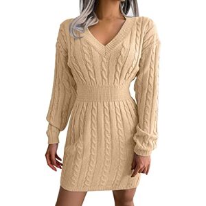 Generic Knitted Dress Women's Winter Long Sleeve Jumper Dress Plain V-Neck Corset Winter Dress Short Fashion Stripes Casual Dress Slim Fit High Waist Wrap Jumper Comfortable Sweater Dresses, khaki, L