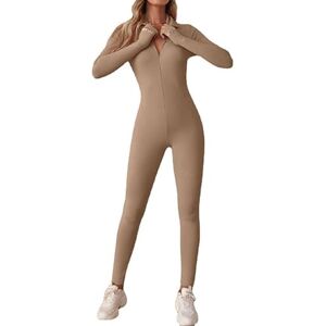 Litthing Women Yoga Jumpsuit Sports Romper Long Sleeve Unitard Stretchy Playsuit Ribbed Knit Zip Up Workout Outfit Slim Fit One Piece Bodysuit Fitness Sportswear Daily Wear