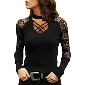 Briskorry V-Neck Tops Women's Elegant Casual Fashion Shirt Lace Mesh Patchwork Pullover Tunic Long Sleeve Lace Jumper Blouse Female Autumn Winter Long Sleeve Shirt