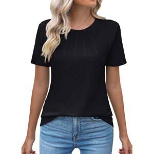 Amazon Wearhouses Clearance Angxiwan Tunic Tops for Women UK Womens Casual Crew Neck Short Sleeve Pleated Tops Blouses Fashion Clothes 2024 Womens Oversized Tops Baggy T Shirts for Women Black