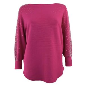 Glitzee Ladies Italian Lagenlook Pearl, Diamante and Stud Embellished Sleeve Jumper Fuchsia