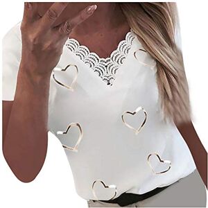 Janly Clearance Sale Ladies Blouse Summer, Women Hearts Print V-Neck Lace Patchwork Short Sleeve T-Shirt Pullover Blouse, for St Patrick's Day Easter (White-L)