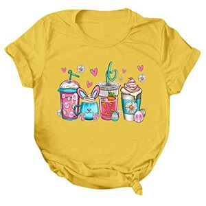 Women's Easter T Shirts Funny Egg Bunny Printed Easter Tops Classic Fit Crew Neck Short Sleeve Shirts Ladies Easter Blouse Easter Clothes Bunny Outfit Women Summer Loose Tees for Party Holiday Yellow
