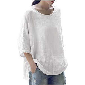 Yolimok Summer Tops for Women UK Sale 3/4 Sleeve Cotton Linen Solid Crew Neck Ladies Tops Casual Loose Three Quarter Sleeve Tunic T Shirt Plus Size Elegant Blouse Shirts UK 8-18 White