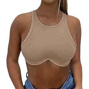 Janly Womens Tank Top,Womens Summer Halter Neck Ribbed Knit Tank Top Scoop Neck Sleeveless Slim Fit Crop Vest Top FVB02 Khaki