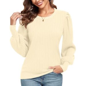 Anyhold Women's Puff Long Sleeve Jumpers Lightweight Crew Neck Pullover Sweater Loose Casual Top Shirts 2X-Large, Beige