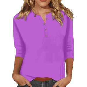 Generic Solid Colour Tops for Women UK Summer Button Down Crewneck 3/4 Sleeve T Shirts Ladies Casual Baggy Blouse Dressy Elegant Tunics Purple